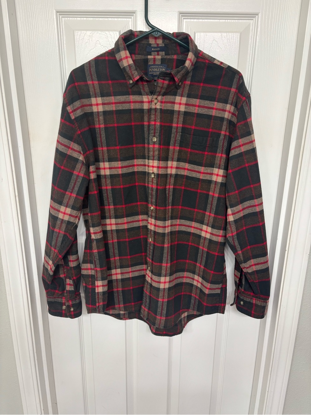 Pendleton Mason Mens Plaid Cotton Flannel Shirt L Red Black and Brown cabincore
